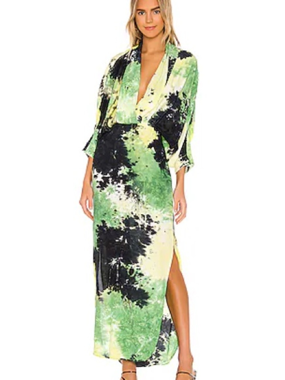 Green Tie-Dye Maxi Dress with Deep V-Neck and Side Slit